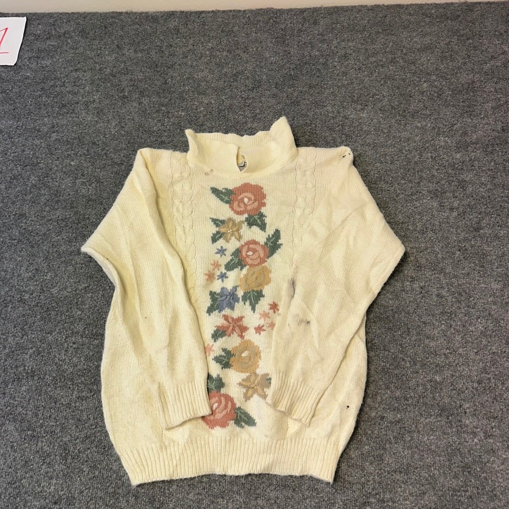 Alfred Dunner Sweater Womens Size S Cream Floral Embroidered Cable Knit Mockneck